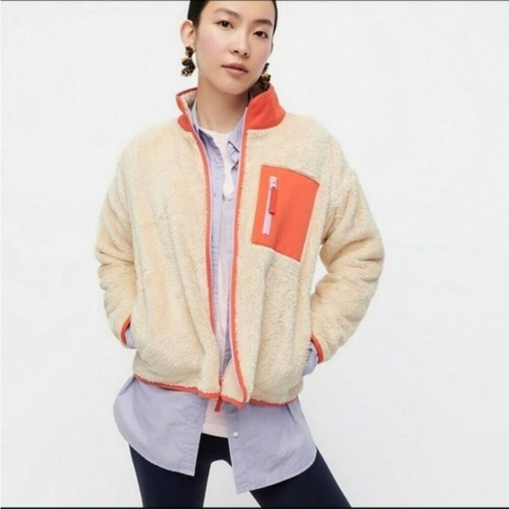 J. Crew Superplush Sherpa Full Zip Jacket Orange
Cream Colorblock XS AH858